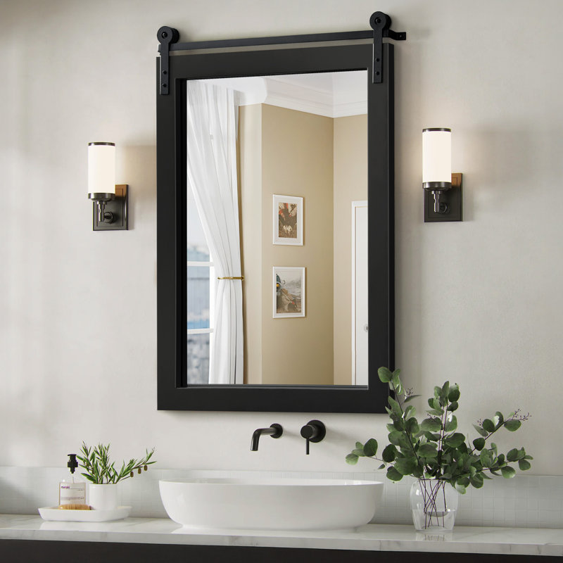 Miroir d'appoint mural rectangulaire en bois massif Farmhouse, Noir, 22 po x 30 po 