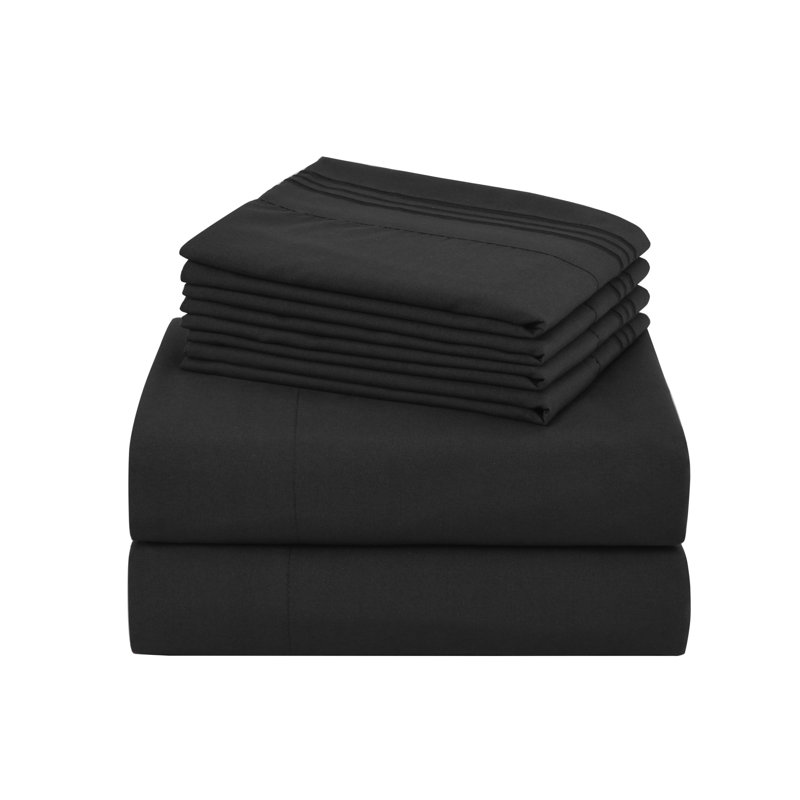 4/6 Pcs Soft Solid & Embroidery Bed Sheets Set, King, Black