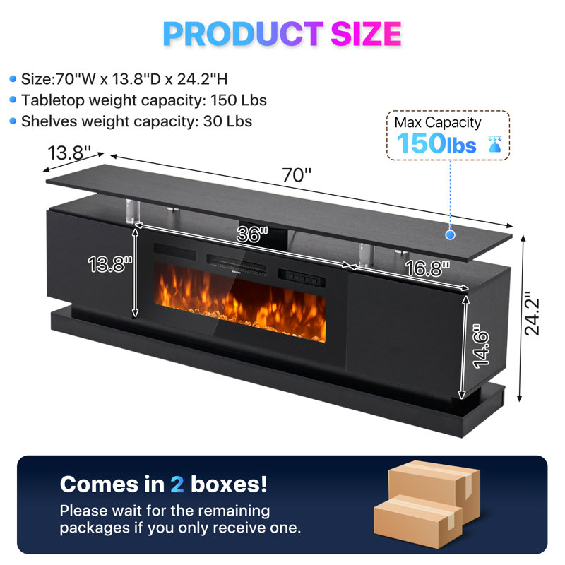 70" TV Stand with 36" Electric Fireplacez, Black, 70"