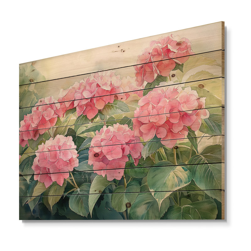 Hortensias dans un jardin d'été III - impression d'hortensias sur bois de pin naturel, H 10 po x l 20 po