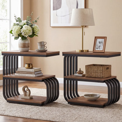Table de chevet à 3 niveaux avec rangement, table de chevet en C de 25,59 po pour chambre à coucher, ensemble de 2