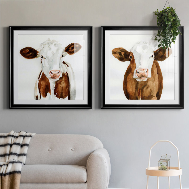 Cow Cowe I - ensemble de 2 peintures encadrées, Papier encadré noir, H 30,5 po x l 61 po x P 1,5 po