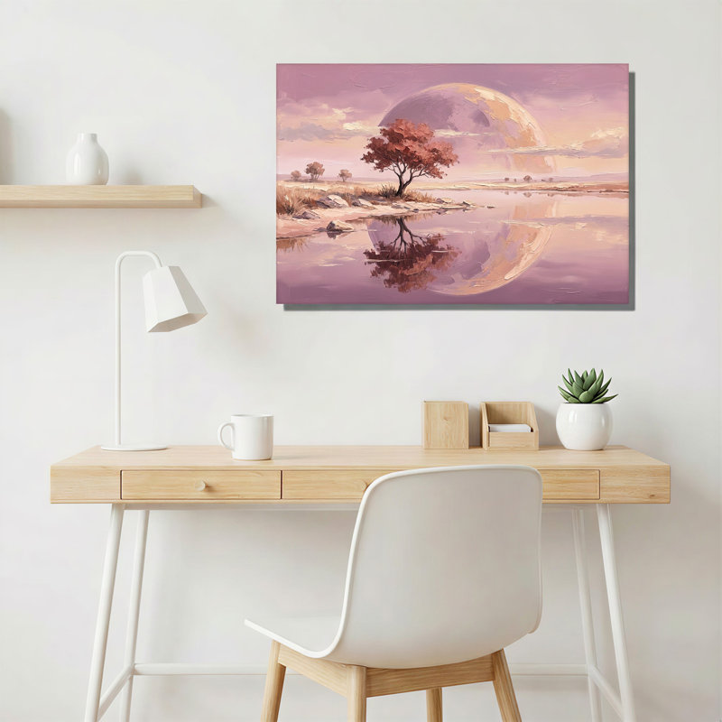 Arbre rouge se reflétant dans une eau violette sous une lune géante - Tableau sur toile, H 12 po x l 18 po