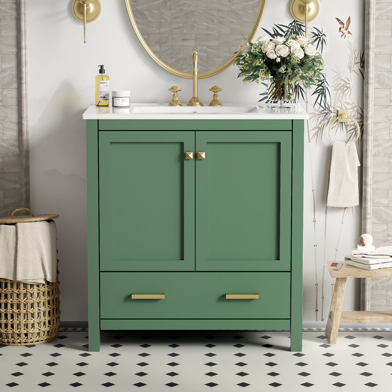 Meuble-lavabo vert 30 po | Lavabo sous-comptoir simple et rangement à fermeture en douceur, Vert, 30