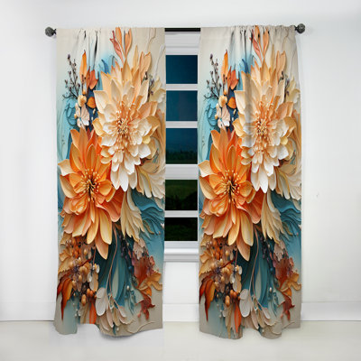 Orange Teal Botanical Whirlwind I - Modern Curtain - Velvet Room Darkening - 1 panel