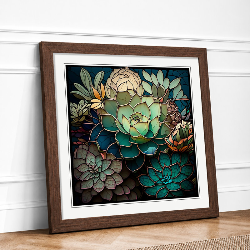 Succulent Stained Glass Effect - Framed Print, Walnut