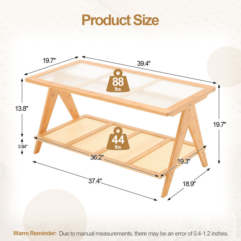 39.4" Glass Top Coffee Table with ABS Rattan Storage Shelf, Natural