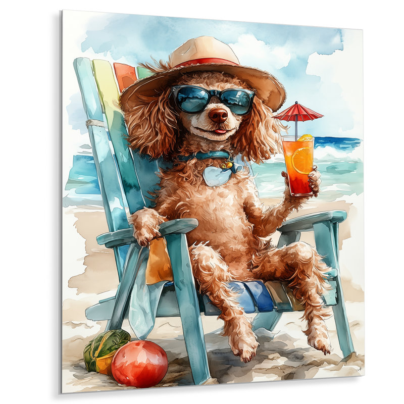 Caniche brun sur la plage relaxant, H 20 po x l 12 po x P 1 po, Métal métal