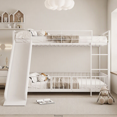 Lit superposé double en métal avec glissières et barrières de sécurité, lit superposé blanc et robuste pour chambre d'enfant