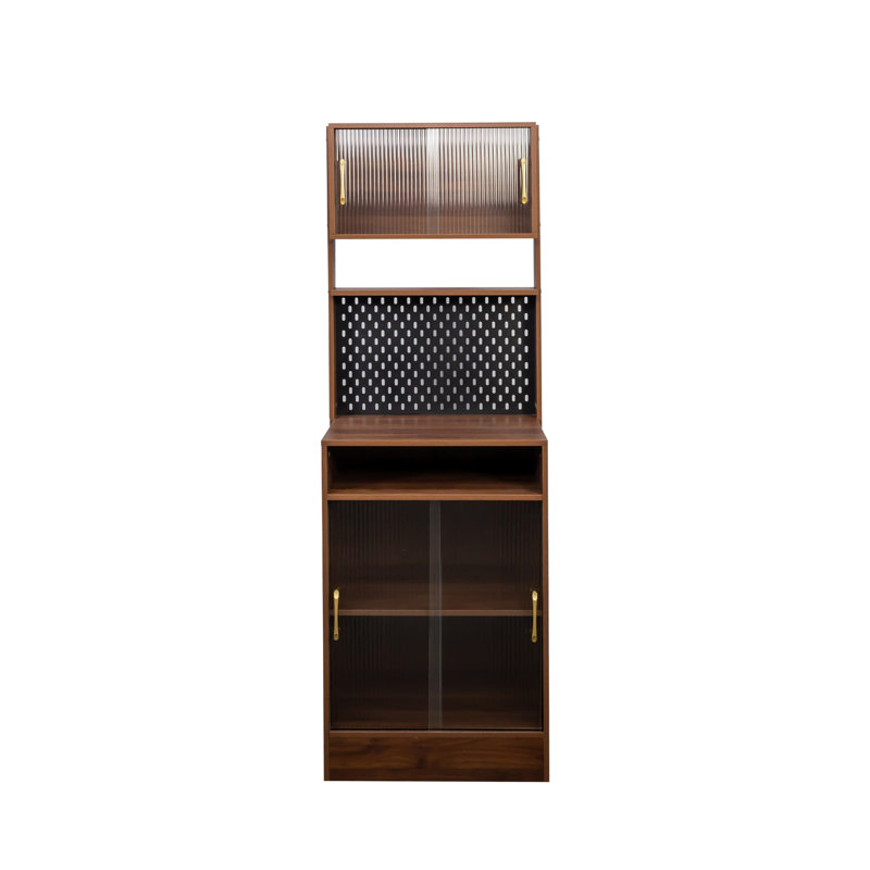 Buffet de cuisine avec 2 portes coulissantes en verre rayé, armoire de rangement autoportante pour bouteilles, vin, machine à café, four à micro-ondes, etc.