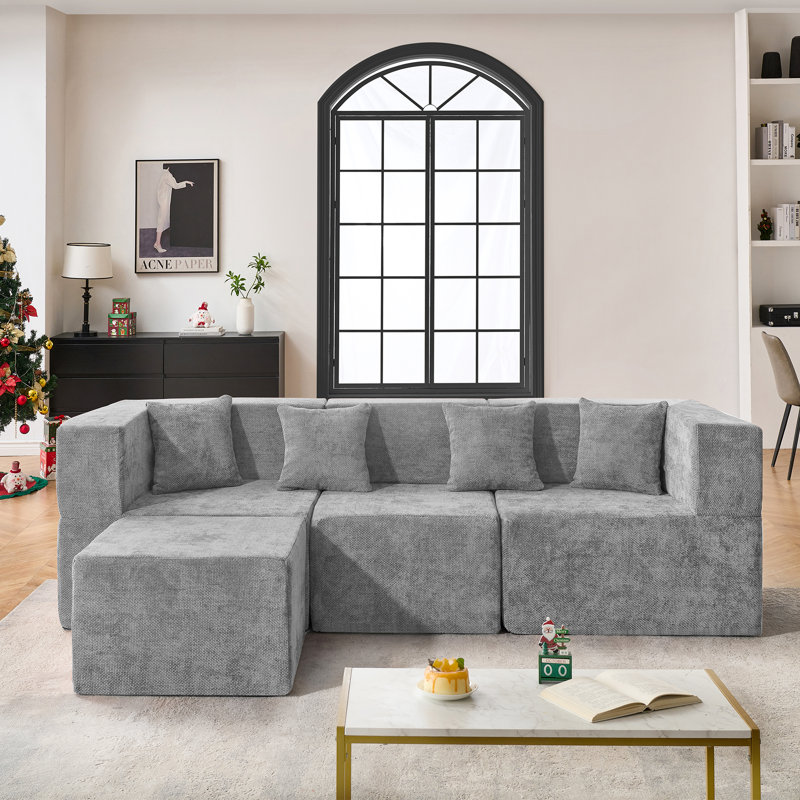 Modern Minimalist Boneless L-Shaped Cloud Modular Sectional Sofa with Ottoman and Pillows, Deep Seating, No Assembly Required