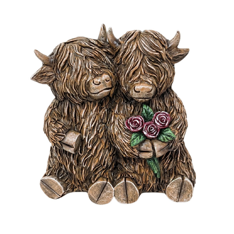 Figurine en résine couple de vaches des Highlands avec roses décor de ferme rustique