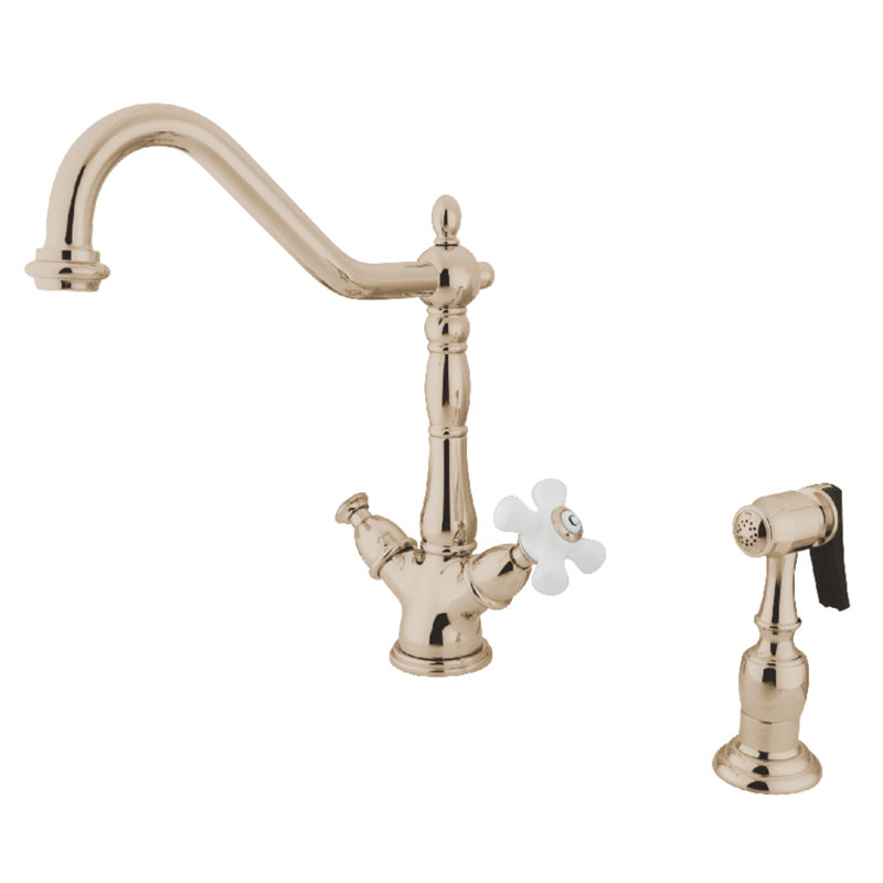 Kingston Brass Heritage Two-Handle 2-or-4 Hole Deck Mount Kitchen Faucet with Brass Sprayer, Polished Nickel