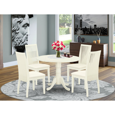 L'ensemble 5 pièces de table et chaises de cuisine comprend une table de salle à manger ronde avec Dropleaf et 4 chaises de salle à manger en tissu de lin, 42 x 42 pouces, lin blanc