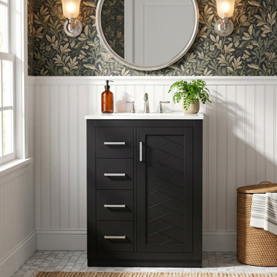 24" Modern Bathroom Vanity with Integrated Ceramic Sink, Solid Wood Storage Cabinet with 3 Drawers & 1 Door (Black/Blue)
