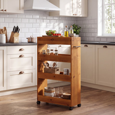 4-Tier Slim Pantry Cart, Narrow Rolling Kitchen Storage Cabinet, Solid Wood Utility Cart with Wheels for Kitchen, Laundry & Bathroom