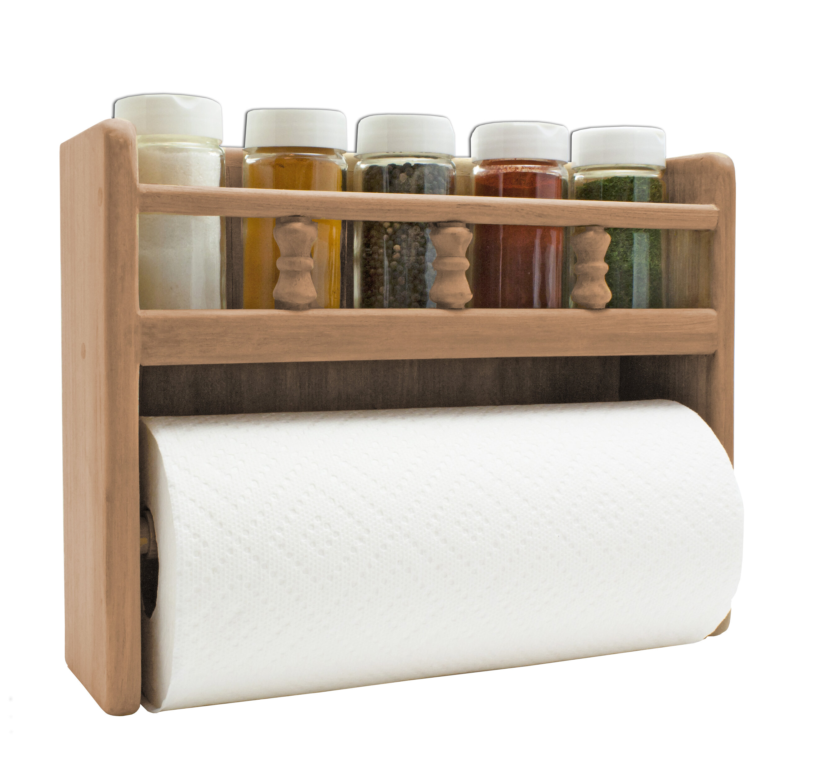 Dark Brown Wood and Black Metal Napkin Holders with Paper Towel Roll Stand  and Spice Rack