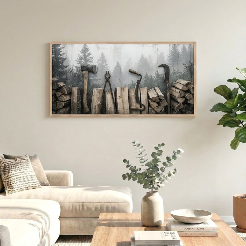 Ensemble de 1 tableau sur toile représentant des outils en bois, L 40 po x H 20 po, Naturel