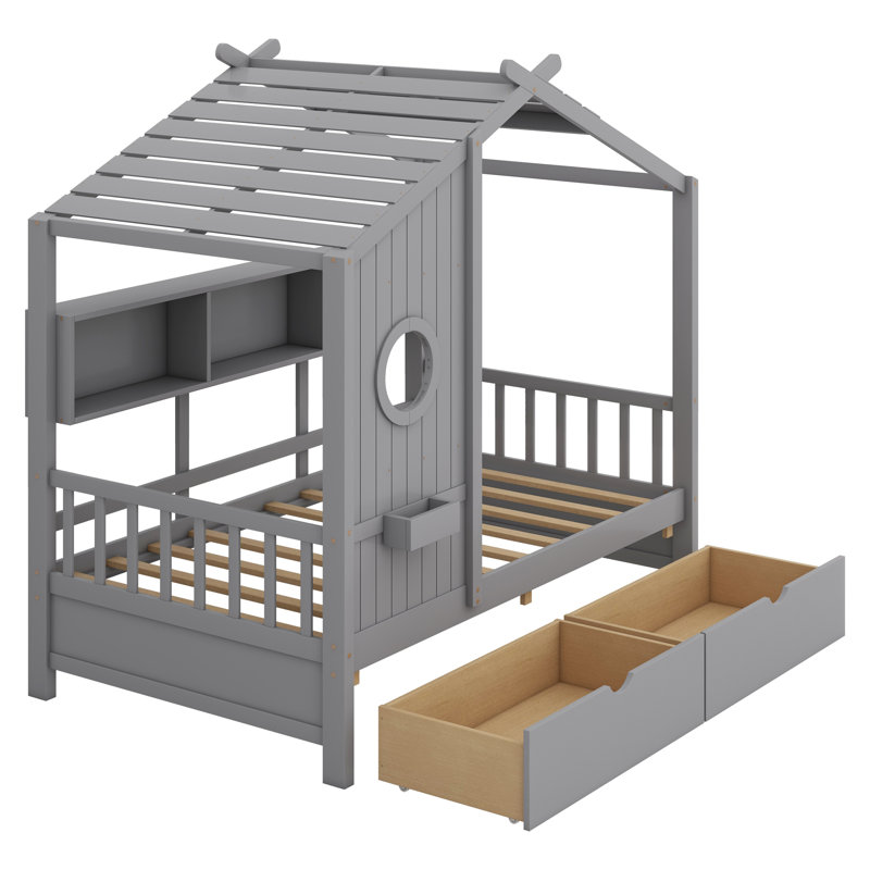 Sieger Wooden House Bed with 2 Drawers with Storage Shelf, Twin, Gray