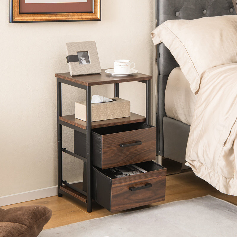 Walnut and Black 2-Drawer Nightstand with Open Shelf
