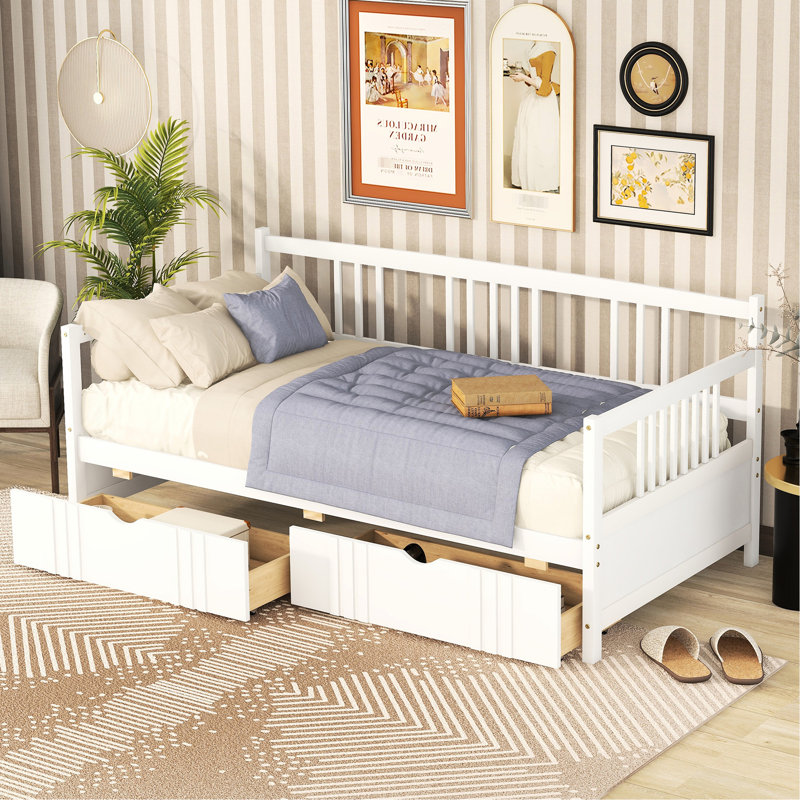 Lit de jour simple blanc avec rangement pratique - améliore la qualité de vie La fabrication en bois massif à deux tiroirs assure un lit stable et attrayant