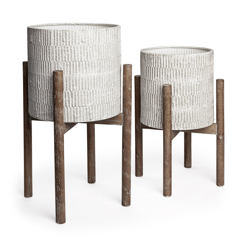 Ensemble de deux pots à fleurs surélevés ronds en céramique et bois crème et brun