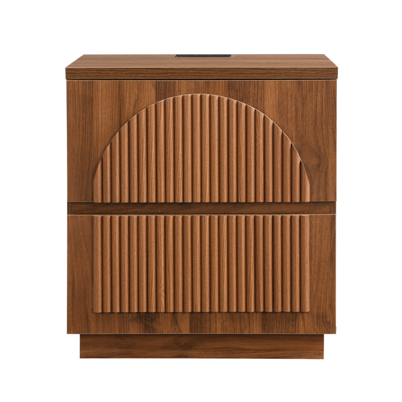Designer Curved Three-dimensional Texture 2-drawer Fluted Panel Nightstand, Walnut
