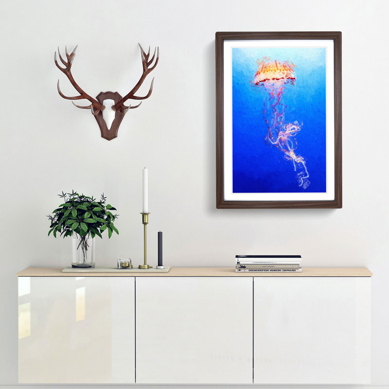 Orange Jellyfish in Abstract - Picture Frame Painting Print, 48cm H x 36cm W x 2cm D, Walnut Framed