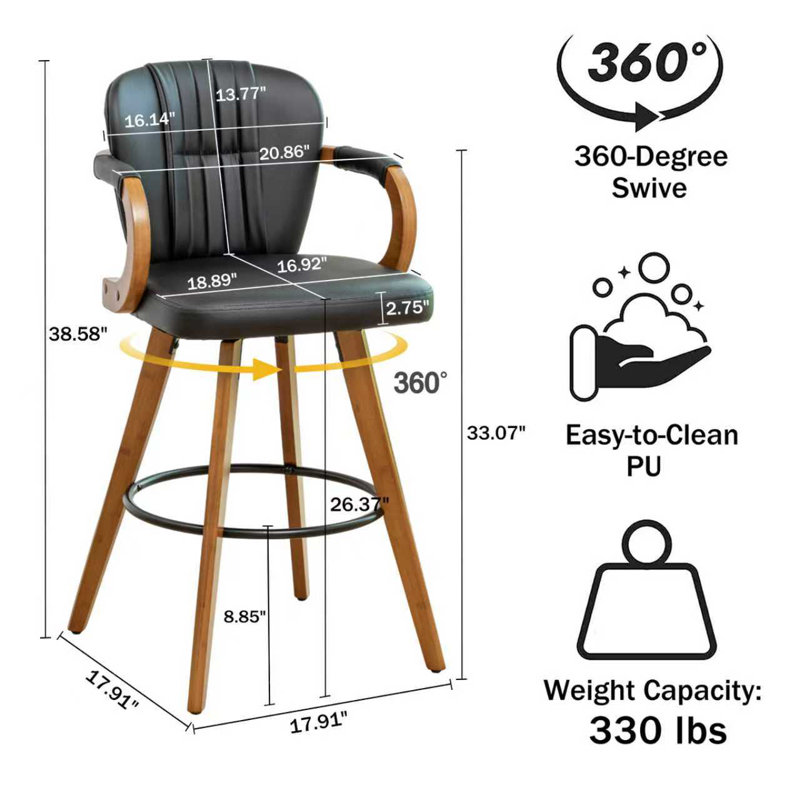 Modern Upholstered Leather Swivel 26 inch Counter Stools (Set of 2), Black, Counter Stool (26” Seat Height)