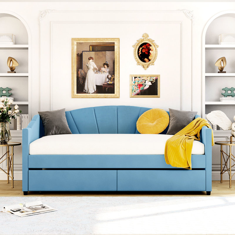 Lit de jour rembourré avec deux tiroirs - Structure en velours durable pour créer une chambre chic, Bleu
