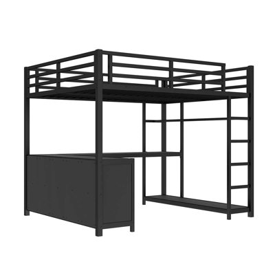 Loft Bed With Wardrobe And L-Shaped Desk, Metal Loft Bed For Kids And Teens