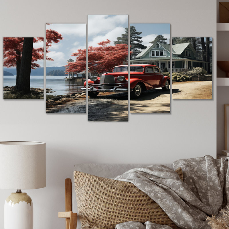 «Lakehouse Vintage Lakeside Charm», reproduction d'art sur toile - 5 panneaux