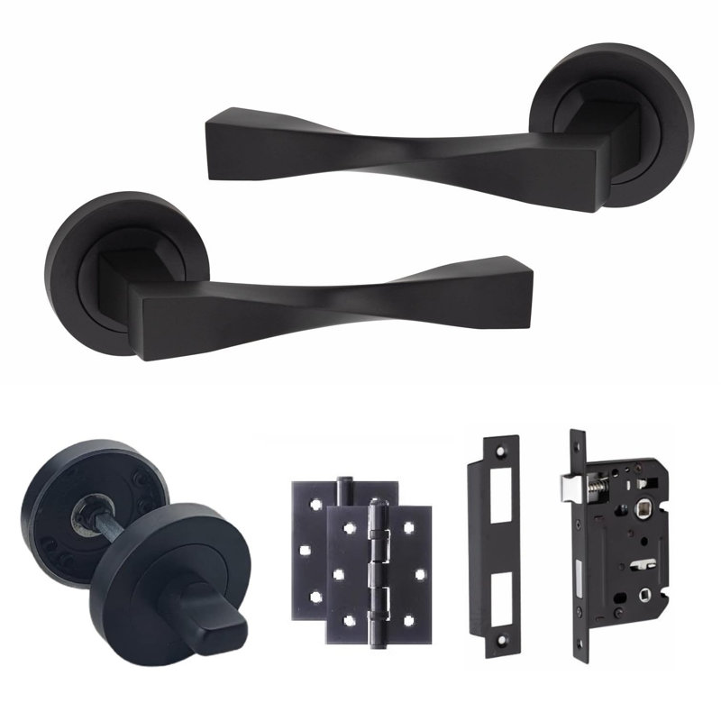  Straight Astrid Twist Design Bathroom WC Toilet Door Handles Set on Round Rose in Matt Black Finish with 64mm Bathroom Mortise Lock, 3" Ball Bearing Hinges and Thumbturn