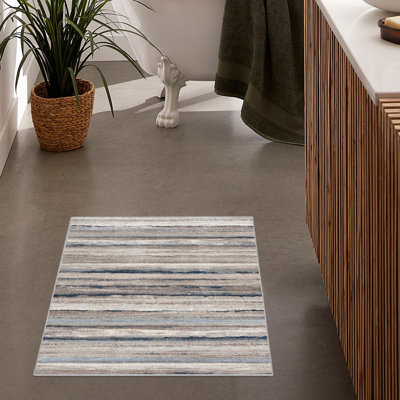 Tapis d'entrée à motif abstrait bleu / brun 2 pi x 3 pi (2 pi 3 po x 3 pi) Branch Branch Rimal, tapis d'entrée contemporain, à poils courts et résistant aux taches