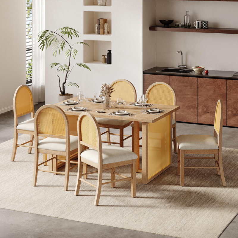 Ensemble de salle à manger 7 pièces rectangulaire avec 6 chaises en rotin et table en chêne vieilli, Chêne