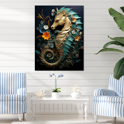 Or et bleu, hippocampe, sanctuaire - art mural animaux côtiers
