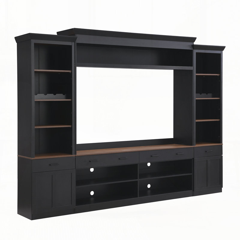 Farmhouse 4-Piece Entertainment Wall Unit Set With Bookshelf For Tvs Up To 70", Black/Dark Walnut