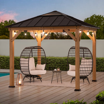 Sunjoy Hardtop Gazebo 9 x 9 ft. Cedar Framed Wood Gazebo with Brown Steel & Polycarbonate Pyramid Hip Roof and Ceiling Hook for Garden, Backyard Shade