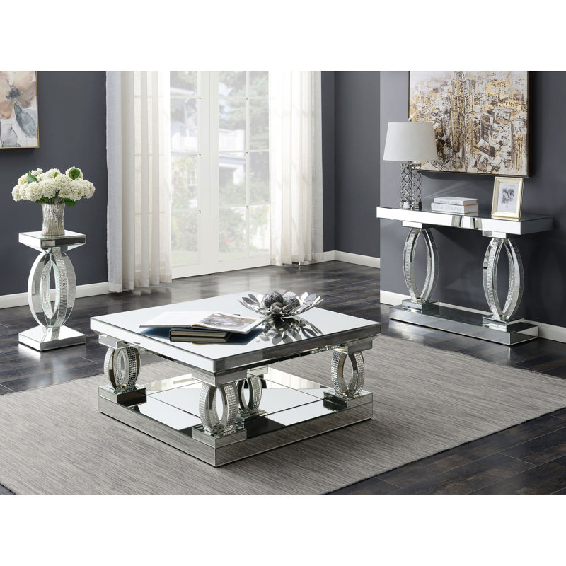 Table de bout en cristal acrylique argenté avec plateau fuselé, finition métallique élégante, surface réfléchissante, s'adapte aux styles de meubles, table rectangulaire, table principale, base à piédestal, hauteur de 26,89 pouces