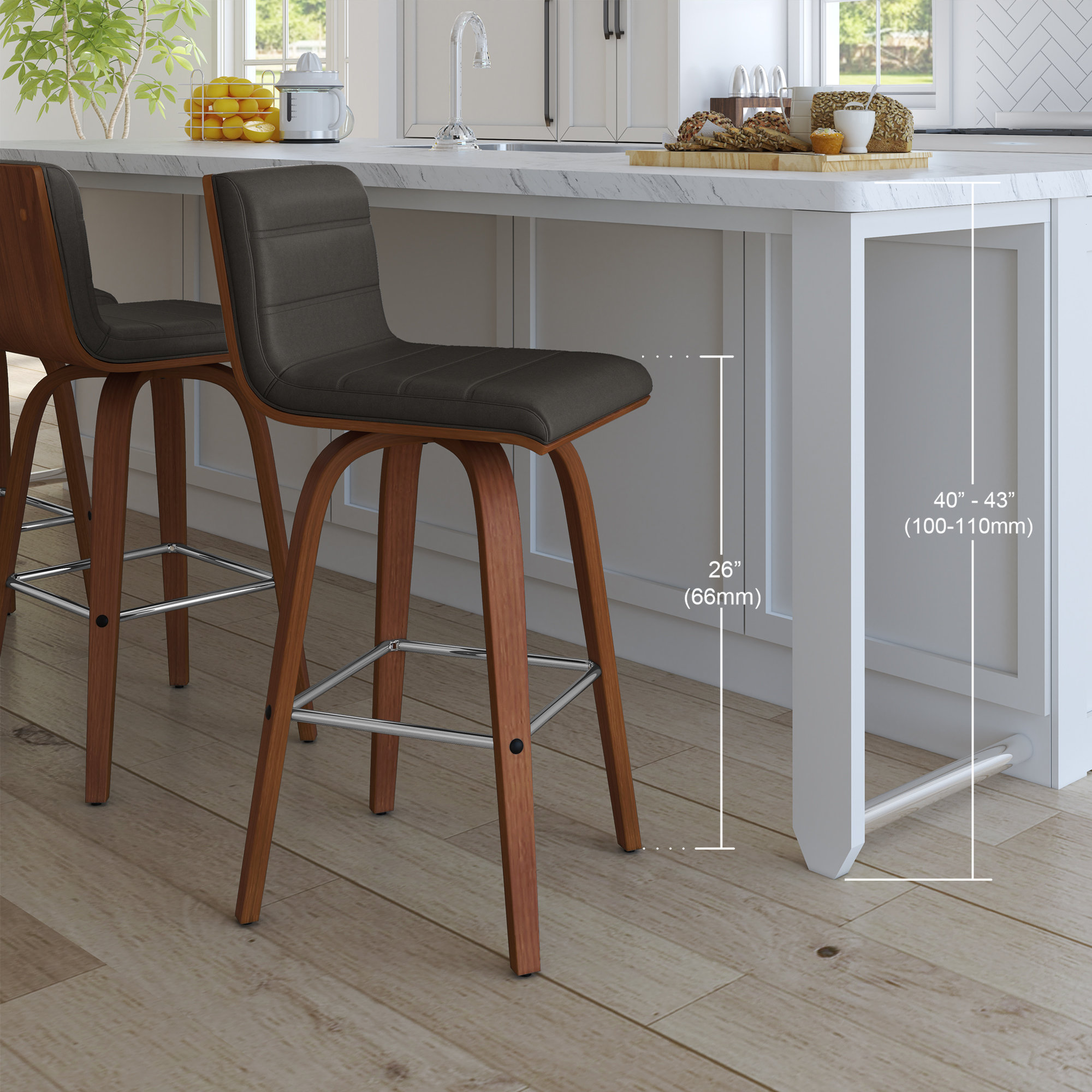 Biance Solid Wood Swivel Bar & Counter Stool, Counter Stool (26" Seat Height), Walnut, Gray Faux Leather