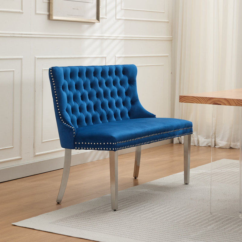 45.6”velvet Upholstered 2-seat Armless Loveseat, Silver, Blue