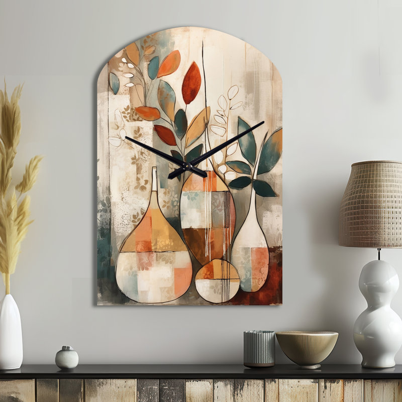 Green And Beige Channeling Bohemian Vibes - Arch Shape Unique Boho Feather Wall Clock, Medium