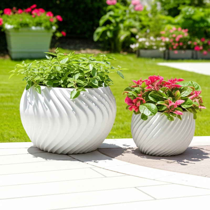 Polyresin Planters With Twisted Design And Sculptural Detailing, Set Of 2, White