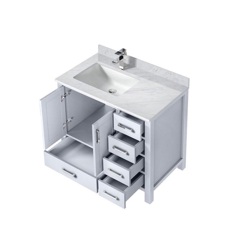 Ensemble de meuble-lavabo avec comptoir en marbre de Carrare décalé à gauche et robinet, Blanc