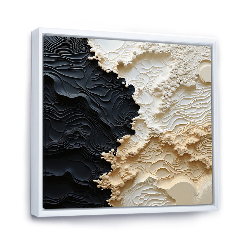 Abstrait crème et noir liquide, reproduction d'art sur toile côtière, Reproduction avec cadre flottant, H 16 po x l 16 po