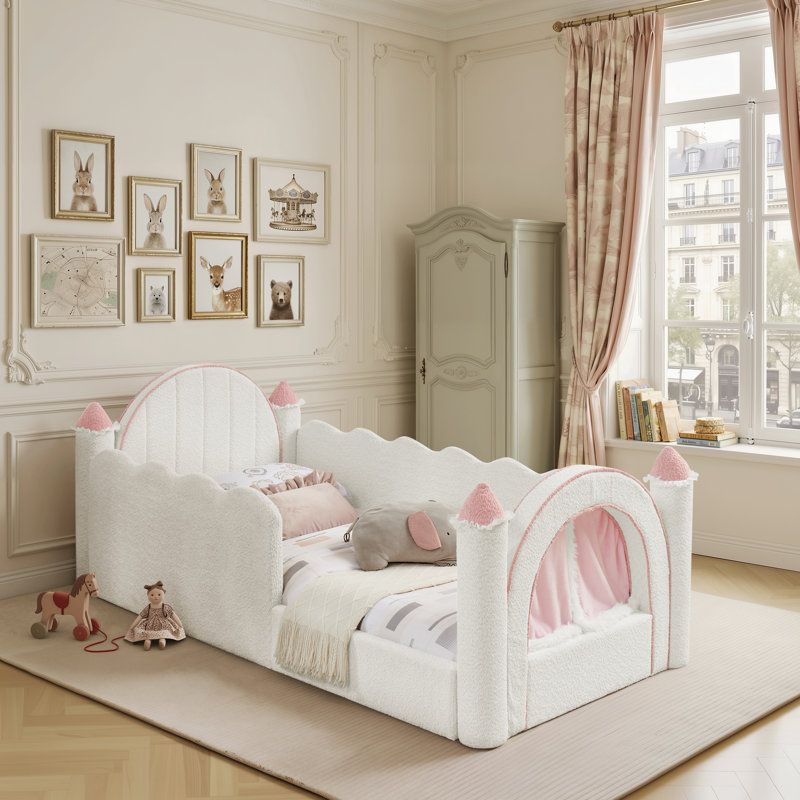 Lit simple capitonné en bois massif avec rideaux Boucle, base de lit pour tout-petit moderne, Beige