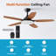  Ventilateur de plafond intelligent 52 po avec lumière DEL, télécommande, moteur à courant continu réversible, 6 vitesses et 3 températures de couleur (3000k-6000k), ultra silencieux 45db, comprend 3 tiges verticales pour une installation facile