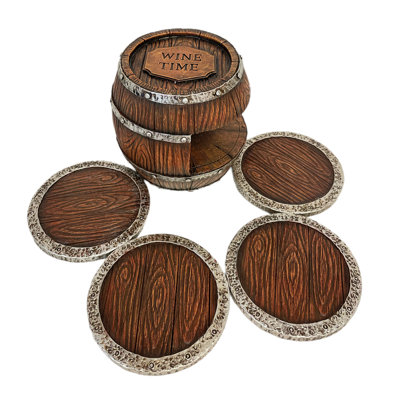 Polyresin Wine Time Rustic Aged Barrel Coaster 4-Piece Set with Decorative Holder