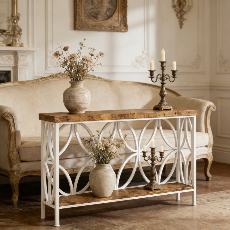 Console industrielle avec tablette de rangement à 2 niveaux, canapé extra long pour canapé derrière, table d'entrée étroite pour salon, vestibule, couloir et bureau