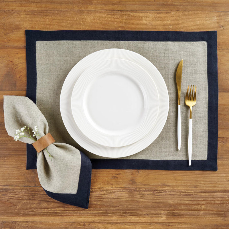 Classic - 100% Pure Linen Dinner Napkins, Navy/Natural